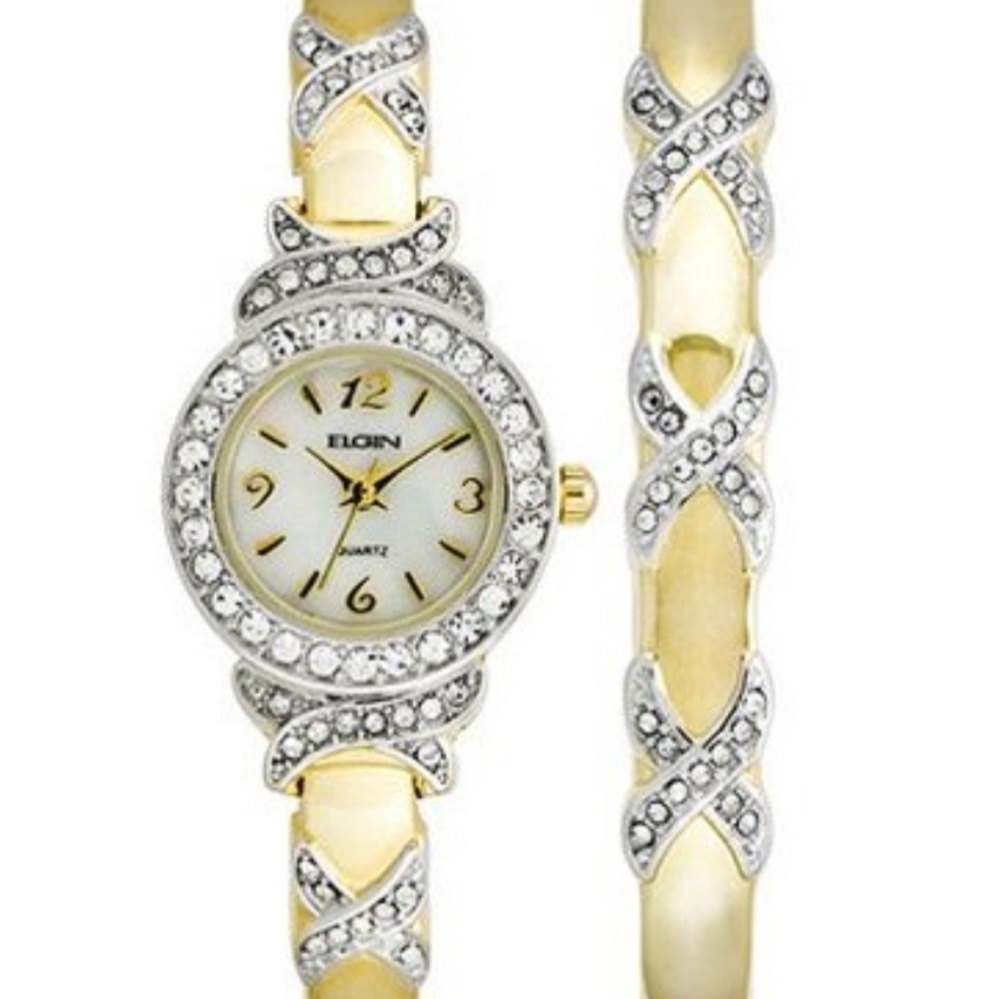 Watch & Bracelet Bangle Set with Genuine Crystals